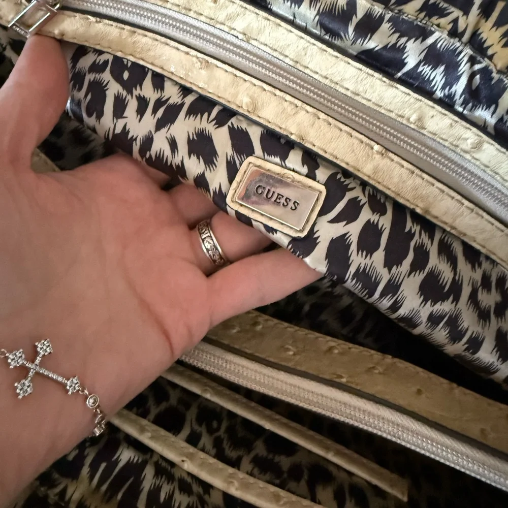 Guess Cream Ostrich-Texture Shoulder Bag with Silver Hardware - Picture 8 of 10